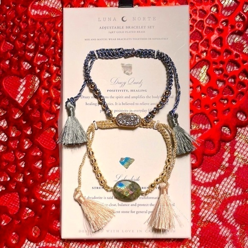 Brand New Luna Norte 14K Gold Plated Brass Adjustable Bracelet Set Druzy Quartz